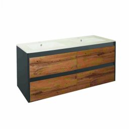 Masca chiuveta baie suspendata Porto 120 cu lavoar dublu, antracit si stejar rustic