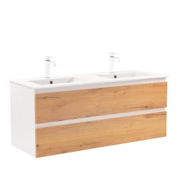 Dulap baie suspendat Leziter Vario Forte 120 cm cu lavoar ceramic, stejar alb