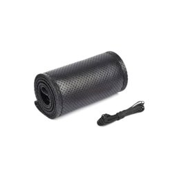 Husa volan din piele perforata 38 cm, neagra, cu ac si ata pentru cusut