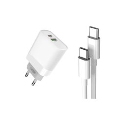 Incarcator de retea 20W QC3.0 USB-A + USB-C cu cablu USB-C, alb