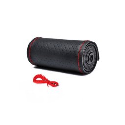 Husa volan din piele perforata 2XL 45 cm, cu ac si ata, negru cu cusatura rosie
