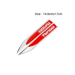 Set 2 ornamente metalice auto Turbo crom-rosu, montaj autoadeziv, 14,6 x 1,7 cm