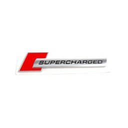 Emblema auto „Supercharged” crom, relief 10×1 cm, autoadeziva (TS-103)