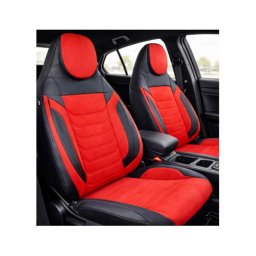 Set huse scaune auto universale Premium, fractionate, negru-rosu, tetiera integrata