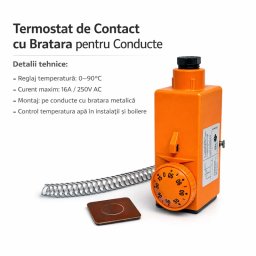 Termostat de Contact cu Br??ar? pentru Conducte, Reglaj 20-90C, Control Pomp? Recirculare