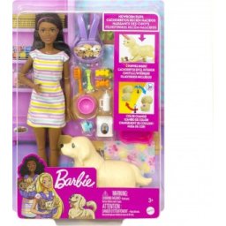 Barbie papusa bruneta caine si 3 catelusi nou-nascuti HCK76