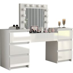 Masa de toaleta/machiaj, alba, sertare lucioase, cu oglinda si LED-uri, Silvia, 155x42x135 cm