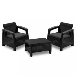 Set mobilier gradina Curver Corfu Weekend, grafit, 2 fotolii + masa, perne gri