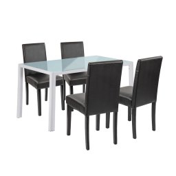 Set masa cu 4 scaune Leziter Mira, sticla securizata, alb-negru
