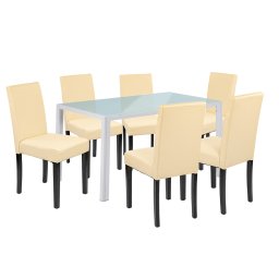 Set de masa Leziter Mira 6+1, alb-bej, masa din sticla si 6 scaune ECO