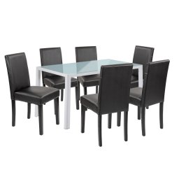 Set masa dining Leziter Mira 6+1 cu masa sticla alba si 6 scaune negre