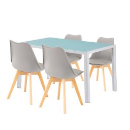 Set de dining Leziter Nuvia 4+1 alb-gri, masa sticla 140 cm si 4 scaune