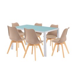 Set dining Leziter Nuvia 6+1 alb-bej cu masa sticla si 6 scaune
