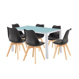 Set dining Leziter Nuvia 6+1 alb-negru cu masa din sticla si 6 scaune