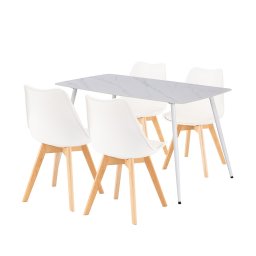 Set dining Leziter Ravena 4+1, masa cu blat din piatra sinterizata si 4 scaune albe