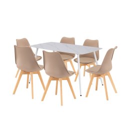 Set dining Leziter Ravena 6+1, masa piatra sinterizata alba si 6 scaune bej