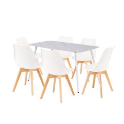 Set dining Leziter Ravena 6+1 cu masa piatra sinterizata, alb-bej, 6 locuri