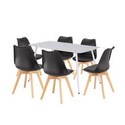 Set dining Leziter Ravena 6+1 alb-negru, masa piatra sinterizata 140x80 cm
