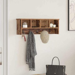 Cuier de perete cu raft si carlige, lemn vechi, 75 x 16 x 26 cm