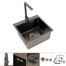 Chiuveta de bucatarie inox neagra Leziter Korin II 50x50 cm cu baterie