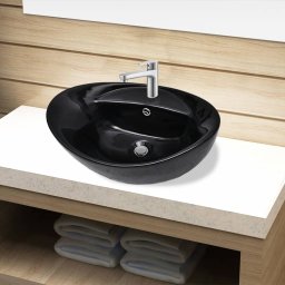 Chiuveta baie, orificiu robinet/preaplin, negru, ceramica, oval GartenMobel Dekor