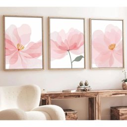 Set tablou decorativ Re-Bloom, 3 piese, model floral, lemn masiv/MDF, alb/roz/verde, 30 x 40 cm