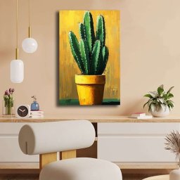 Tablou decorativ Re-Bloom, model cactus, panza/lemn, galben/verde, 45 x 70 cm