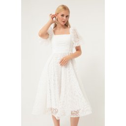Lafaba femei balon alb maneca sclipicios midi seara rochie