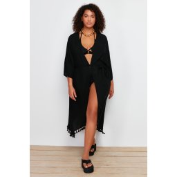 Trendyol Curve Black Tasseled Viscose Beachwear Woven Hem Plus Size Kimono&Caftan