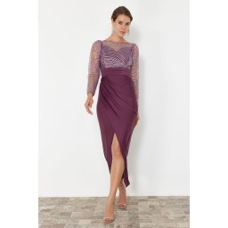 Trendyol Lilac Sequin Knitted Tulle Long Elegant Evening Dress