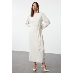 Trendyol Stone Belted Pearl Detailed Corduroy Knitwear Dress