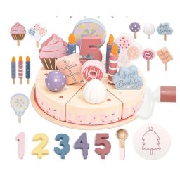 Jucarie lemn Tort aniversar Montessori, cu 24 accesorii, din lemn, roz