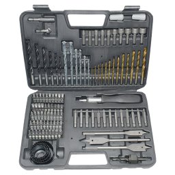 Set Scule Profesionale, Flippy, Set 111 buc, Accesorii Multifunctionale pentru Gaurire si Insurubare, Burghie Lemn, Metal, Zidarie, Cutie Transport, 30 x 20 x 6 cm, Negru