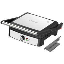 Gratar electric STARCREST SGR-2923, 2200 W, Placi grill cu invelis ceramic, Termostat reglabil, Deschidere la 180 , Suprafata de gatire 29 x 23 cm, Spatula curatare, Negru Inox
