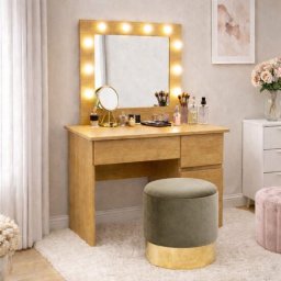 Masa de toaleta/machiaj, Irina, stejar + taburet, bej, cu oglinda si LED-uri, 94x43x141 cm