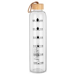 Sticla de apa din sticla borosilicata 1L, cu capac din bambus si marcaje orare