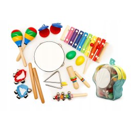 Set instrumente muzicale din lemn pentru copii, 10 piese cu rucsac