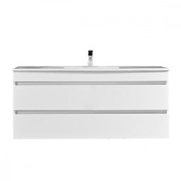 Masca baie suspendata Cube 120 cu lavoar ceramic si 2 sertare, alb lucios