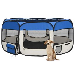 Tarc caini pliabil cu sac de transport, albastru, 145x145x61 cm GartenMobel Dekor