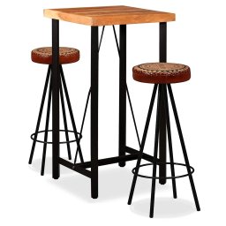 Set de bar, 3 buc., lemn masiv acacia, piele naturala si panza GartenMobel Dekor
