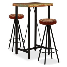 Mobilier bar 3 piese lemn masiv reciclat, piele naturala, panza GartenMobel Dekor