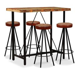 Set de bar 5 piese lemn masiv reciclat, piele naturala si panza GartenMobel Dekor