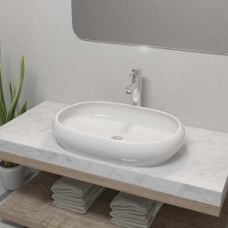 Chiuveta de baie cu robinet mixer, ceramic, oval, alb GartenMobel Dekor