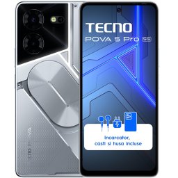 Telefon mobil Tecno Pova 5 Pro, 5G, Dual SIM, 8GB RAM, 256GB, Argintiu