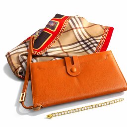 Set Cadou Elegant pentru Femei , Portofel din Piele Naturala, Esarfa din Matase Bratara Tennis Gold