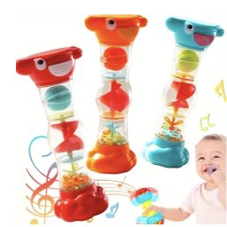 Jucarie zornaitoare tip clepsidra cu bilute si sunet de ploaie pentru bebelusi 6 luni+