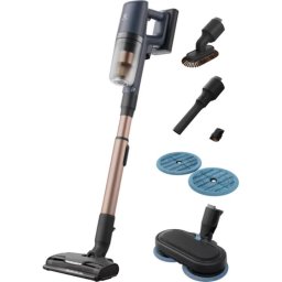 Aspirator Wet 800 autonomie pana la 90 min putere aspirare 140 AW ecran LCD 3 viteze + AUTO 0,4 l perie Turbo cu LED perie mopping cu LED stand incarcare pe podea 25,2 V 4000 mAh Albastru indigo