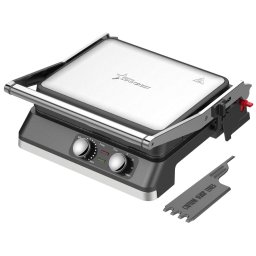 Gratar electric STARCREST SGR-2924BX, 2200 W, Placi grill cu invelis ceramic, Termostat reglabil, Timer, Deschidere la 180 , Suprafata de gatire 29 x 24 cm, Spatula curatare, Negru Inox