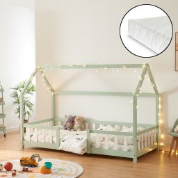 Pat copii tip casuta Sisimiut cu saltea 90x200 cm, menta/alb