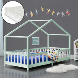 Pat copii tip casuta Treviolo 90x200 cm cu saltea si protectie, verde menta